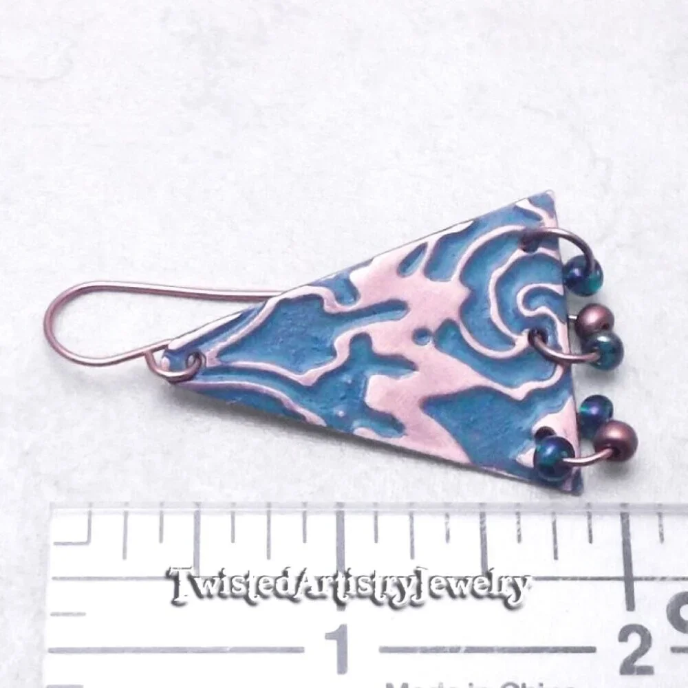 Teal Enameled Copper Triangle Chandelier Earrings - Picture 4 of 4
